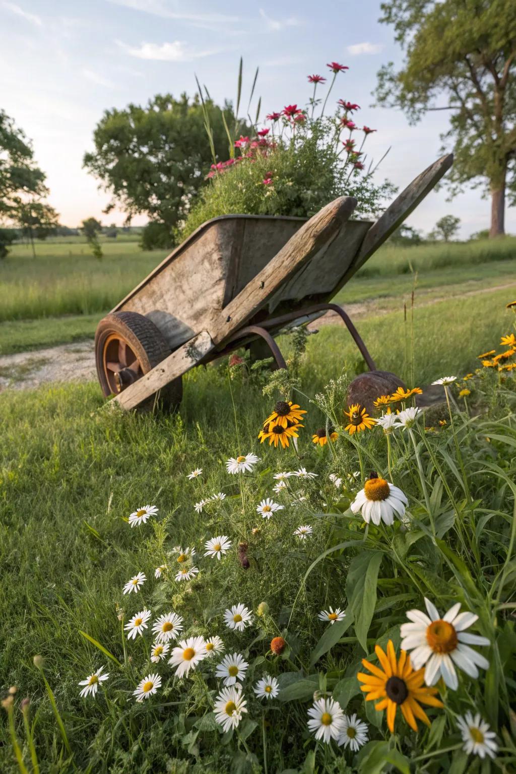 A rustic wheelbarrow planter with wildflowers spilling out.