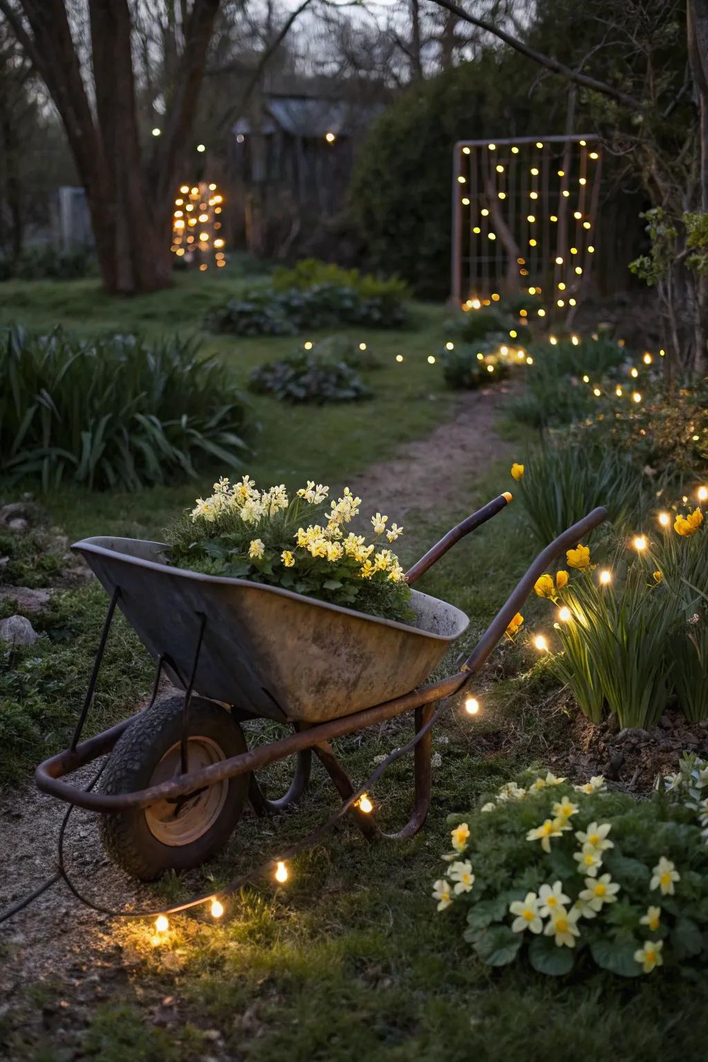 A romantic evening glow with primroses and lights.