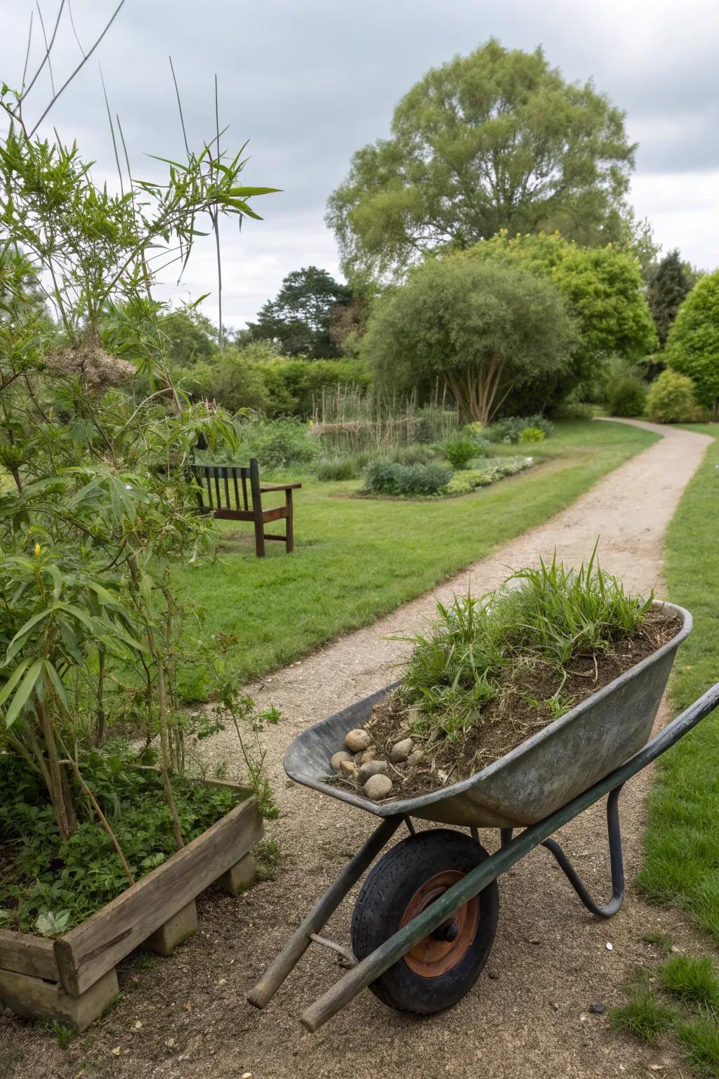 A zen garden with bamboo in a wheelbarrow.