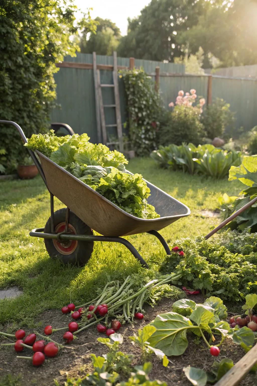 A vibrant veggie patch in a wheelbarrow.