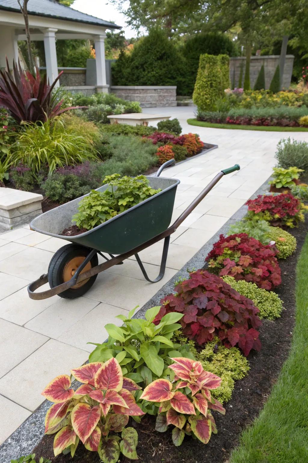 A bold and bright foliage display in a wheelbarrow.