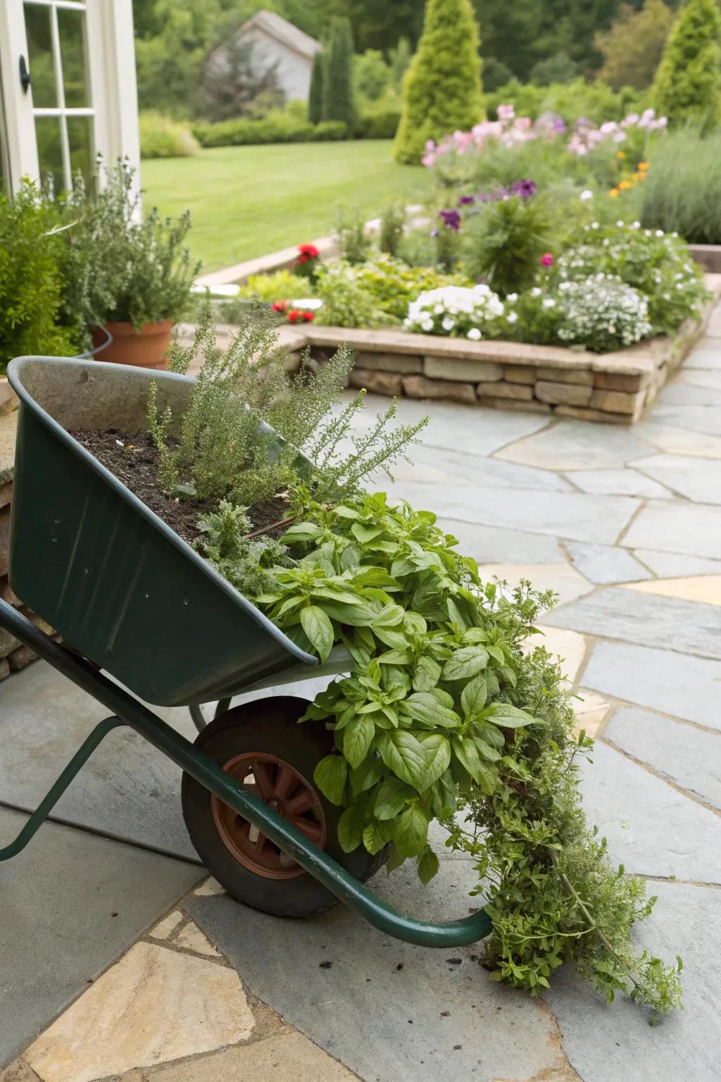 A tipped wheelbarrow filled with fresh herbs.