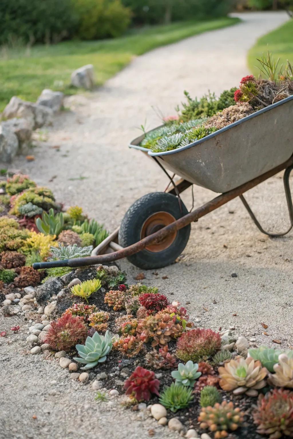 A wheelbarrow brimming with diverse succulents.
