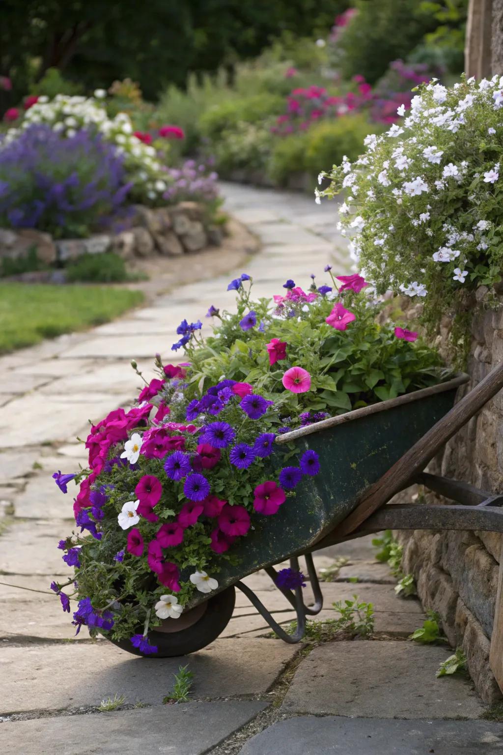 A cascading waterfall of flowers from a wheelbarrow.