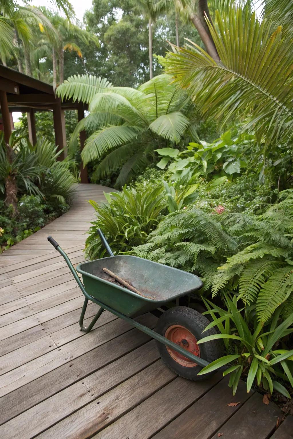 A tropical oasis in a tipped wheelbarrow planter.