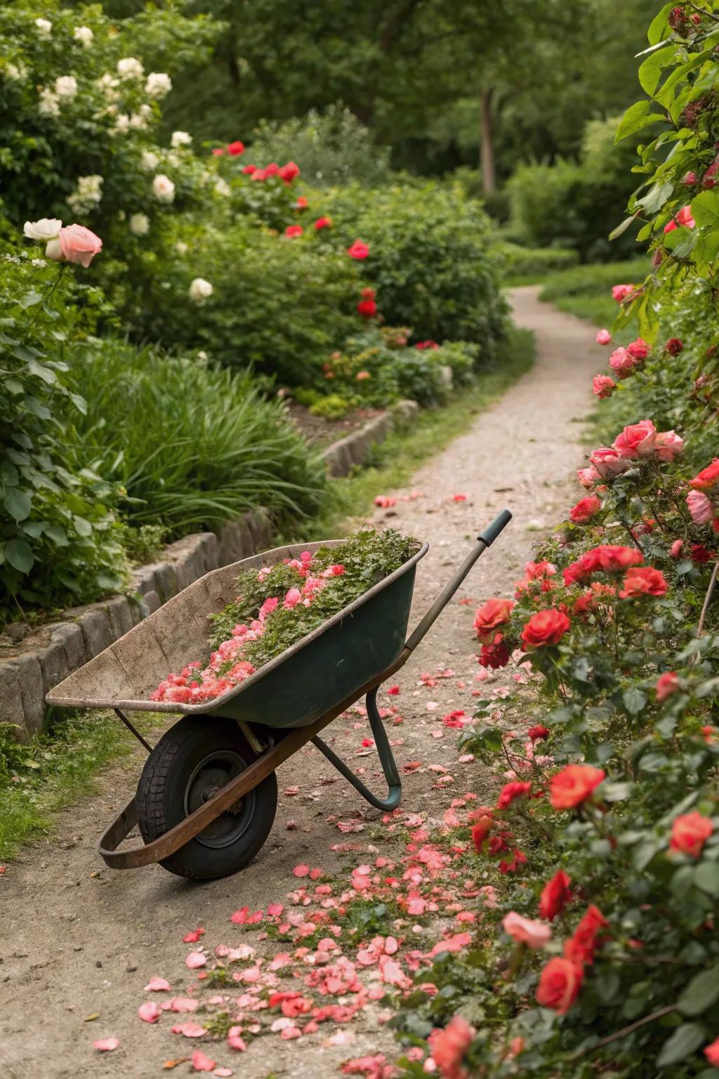 A wheelbarrow display of blooming miniature roses.