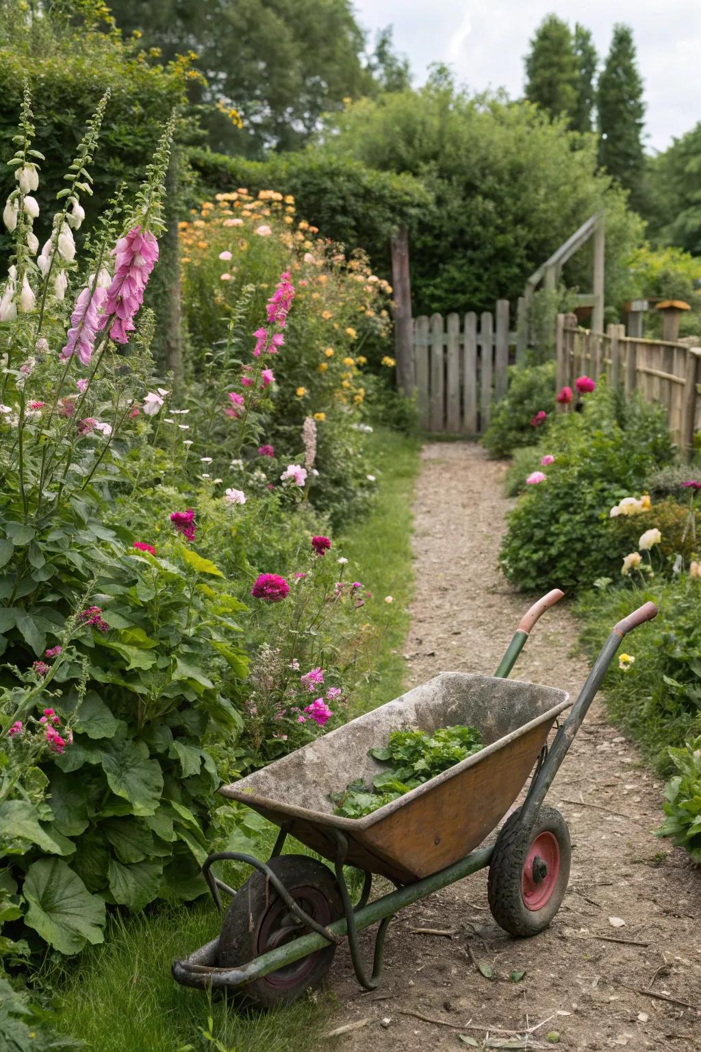 A cottage garden delight with hollyhocks and foxgloves.