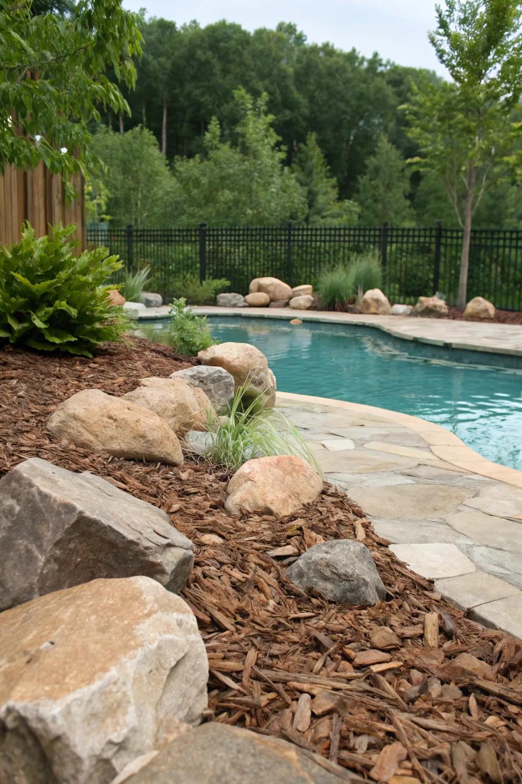 Create harmony with a mix of decorative rocks and mulch for a balanced look.