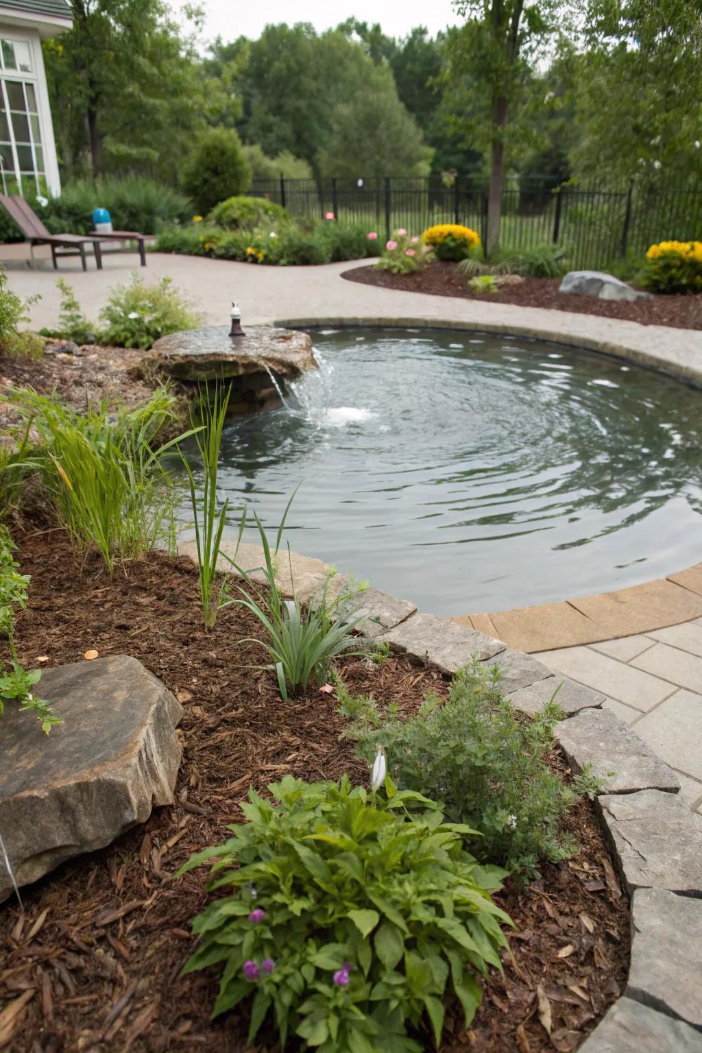 Enhance your poolside with a soothing water feature nestled in mulch.