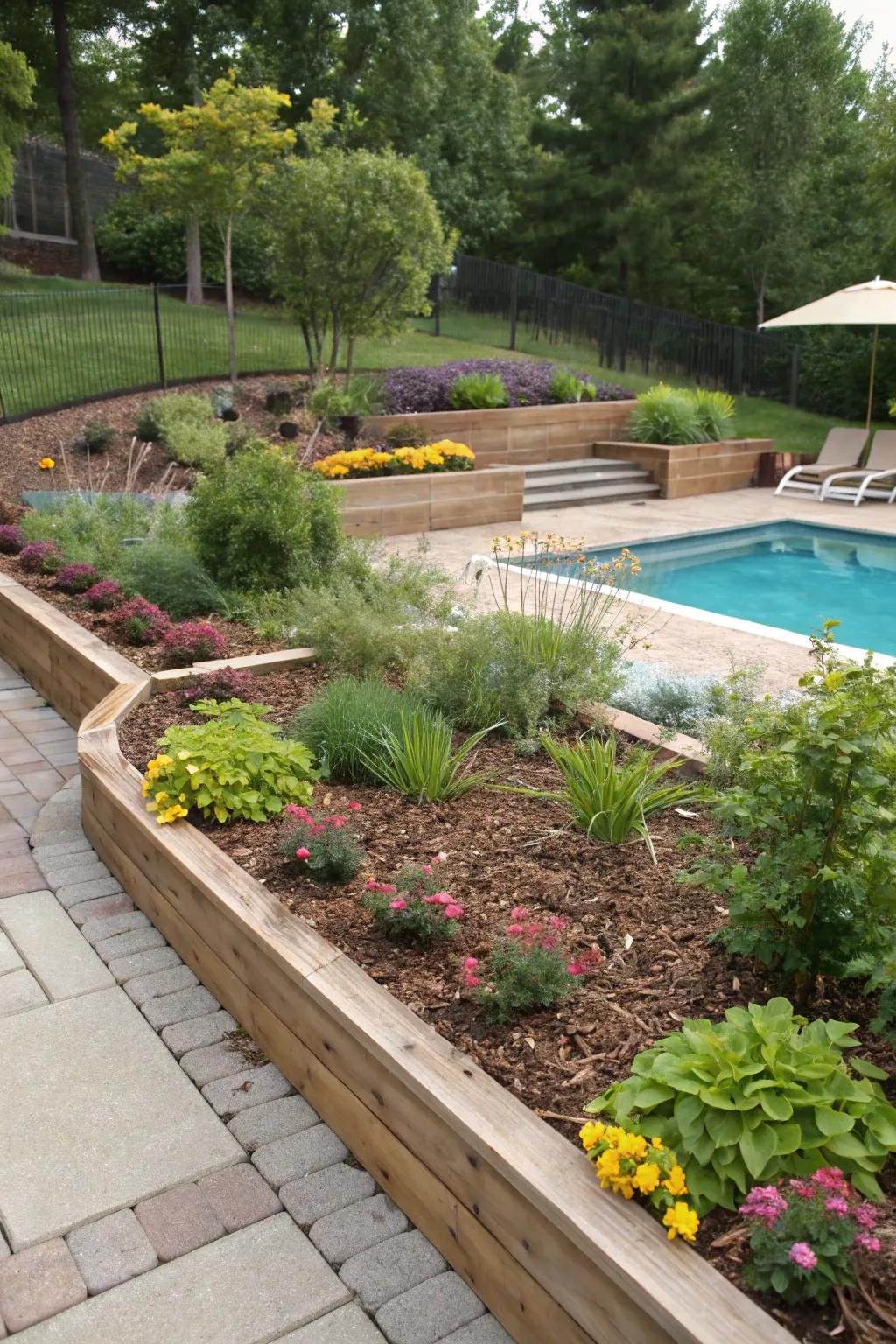 Add dimension with layered planting beds and mulch around your pool.