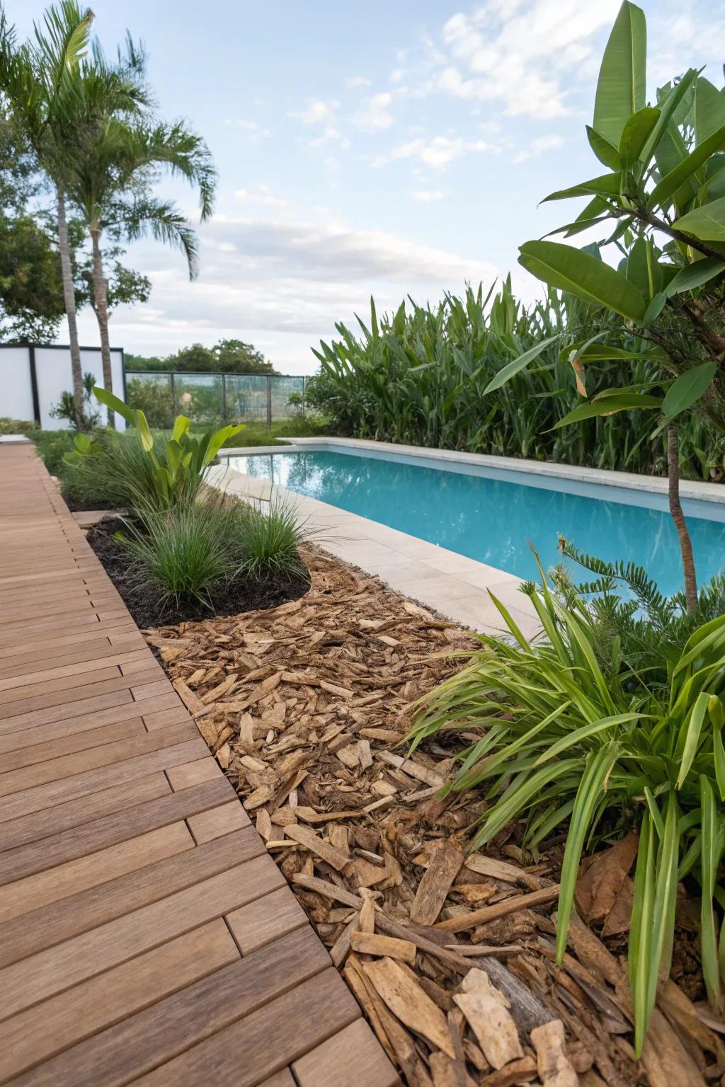 Embrace classic elegance with natural wood mulch around your pool.