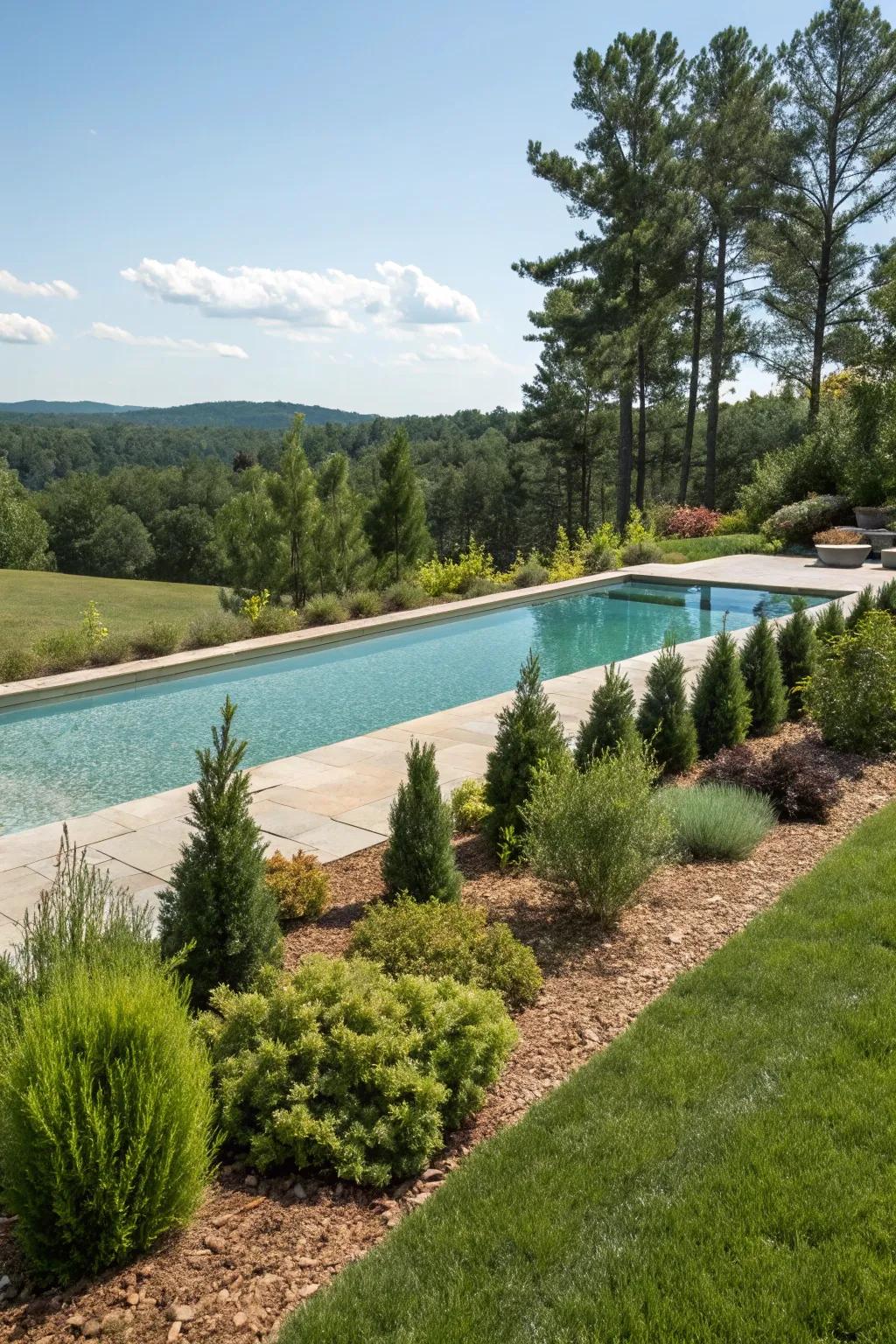 Enjoy year-round greenery with evergreens and mulch around your pool.