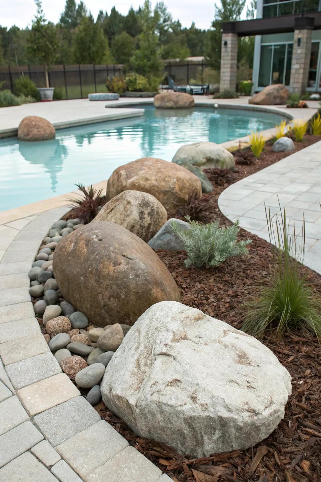 Create a striking look with a mix of large stones and mulch.