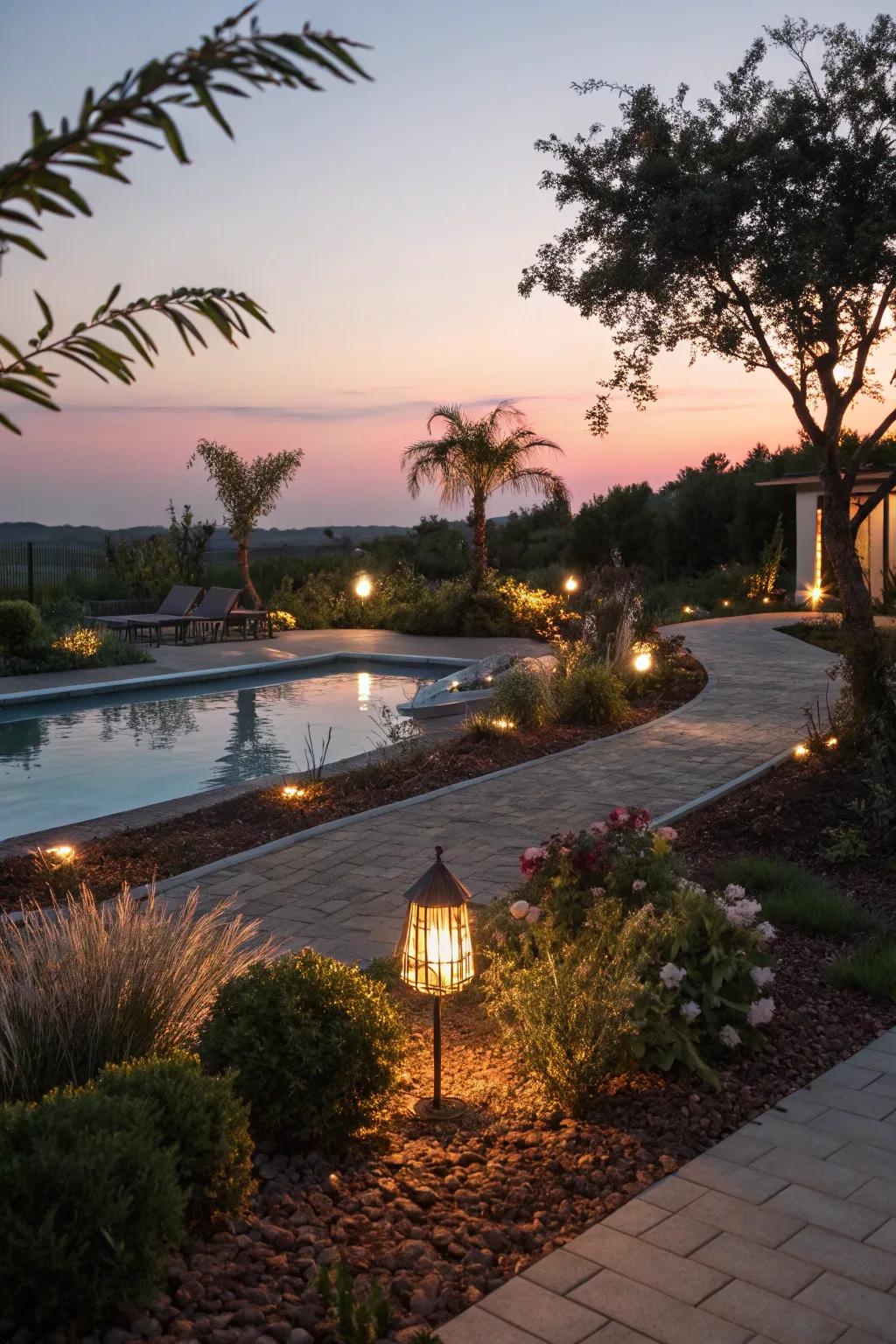 Illuminate your pool area with lights nestled in mulch for cozy evenings.
