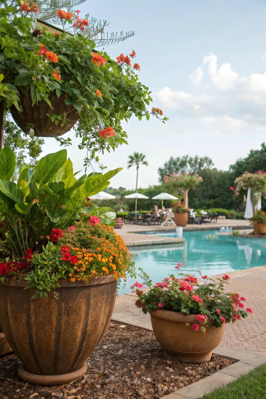 Add flair with potted plants on mulch for a splash of color.