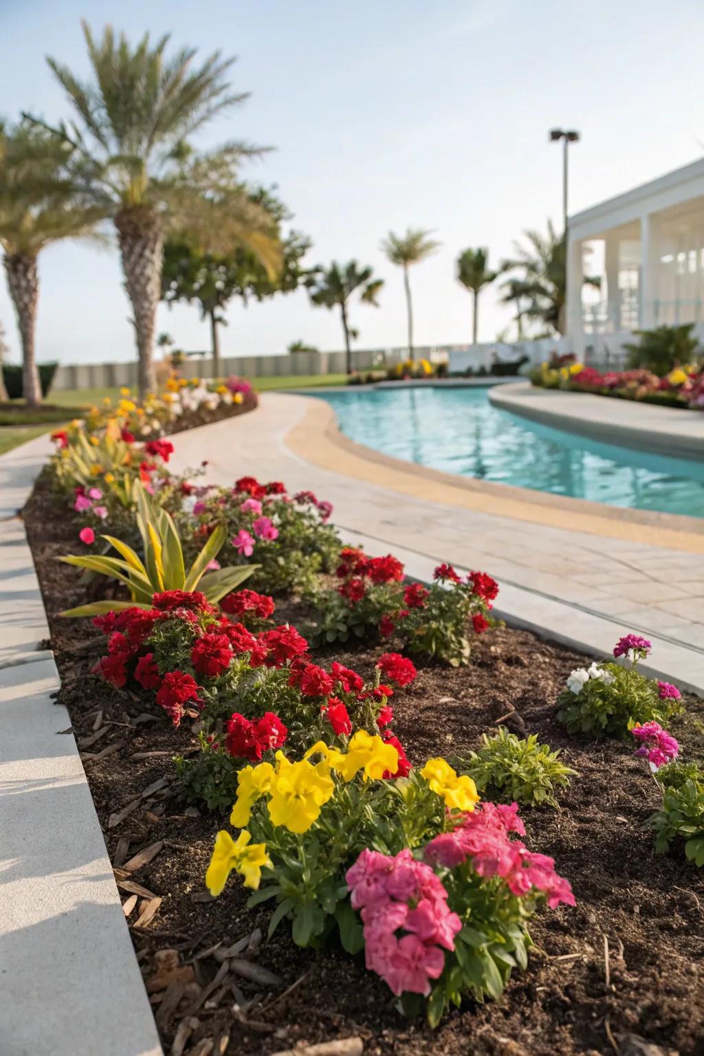 Brighten your poolside with colorful flowers planted in mulch.