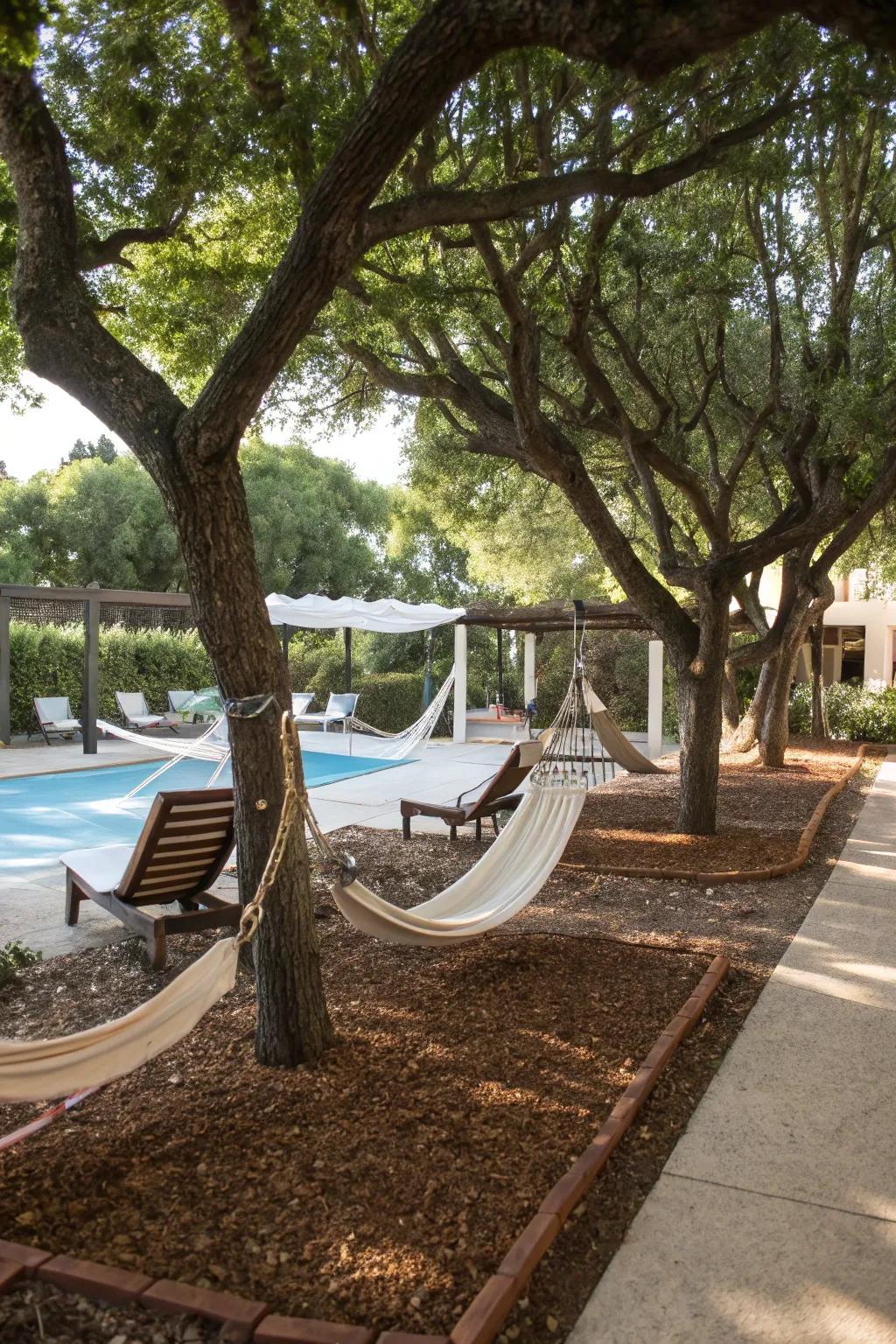 Create the ultimate relaxation zone with hammocks and mulch.