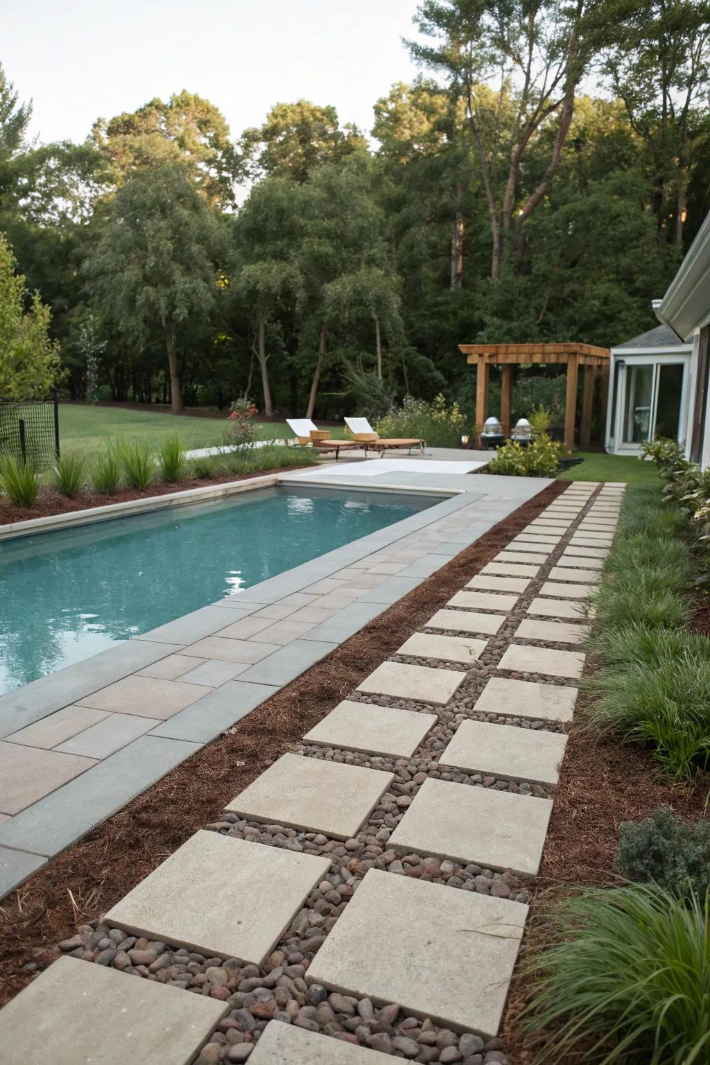 Add elegance and function with paver pathways bordered by mulch.