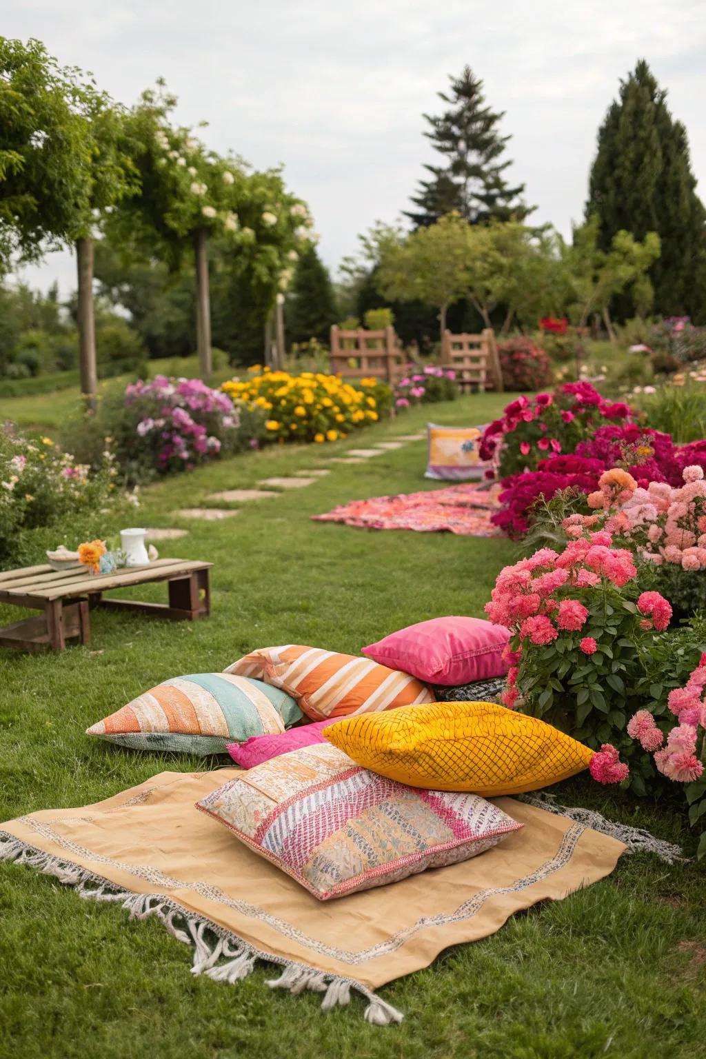 A cozy picnic seating arrangement with vibrant blankets and cushions.