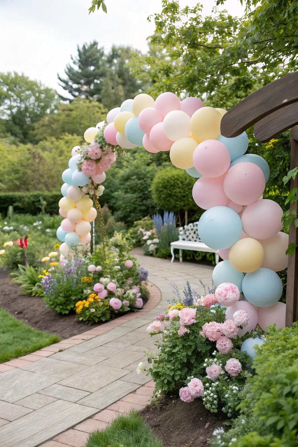 A pastel balloon garland adding a festive touch to the garden party.