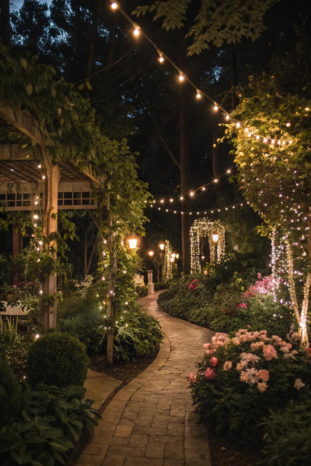 A garden party illuminated by whimsical fairy lights.