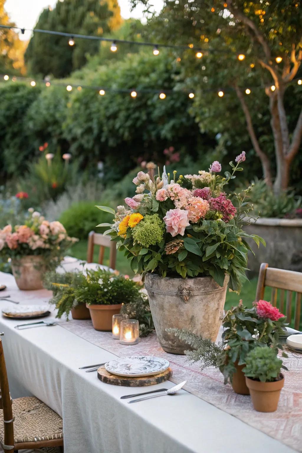 Natural centerpieces with potted plants and fresh flowers.