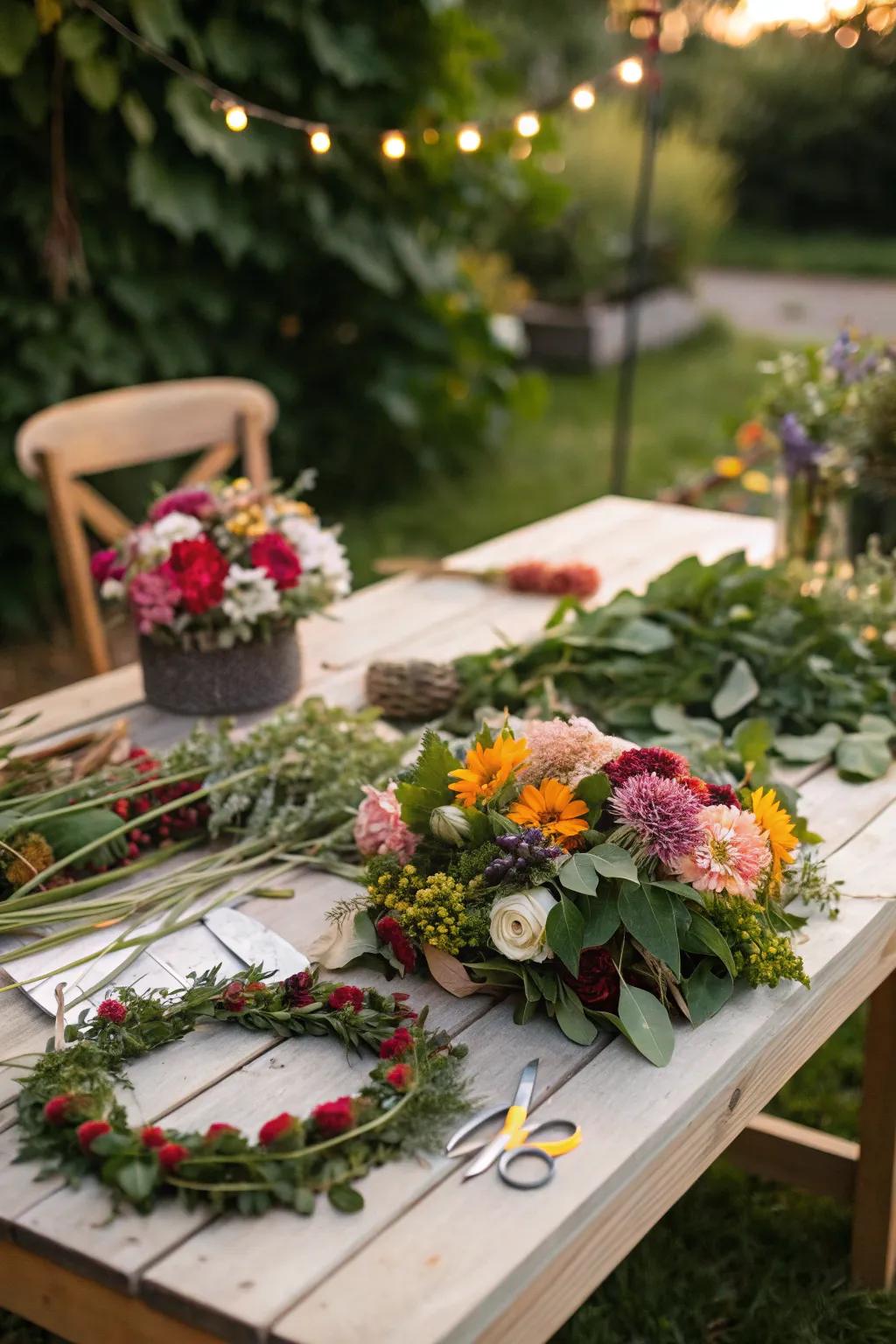 A DIY floral crown station with an array of vibrant flowers and greenery.