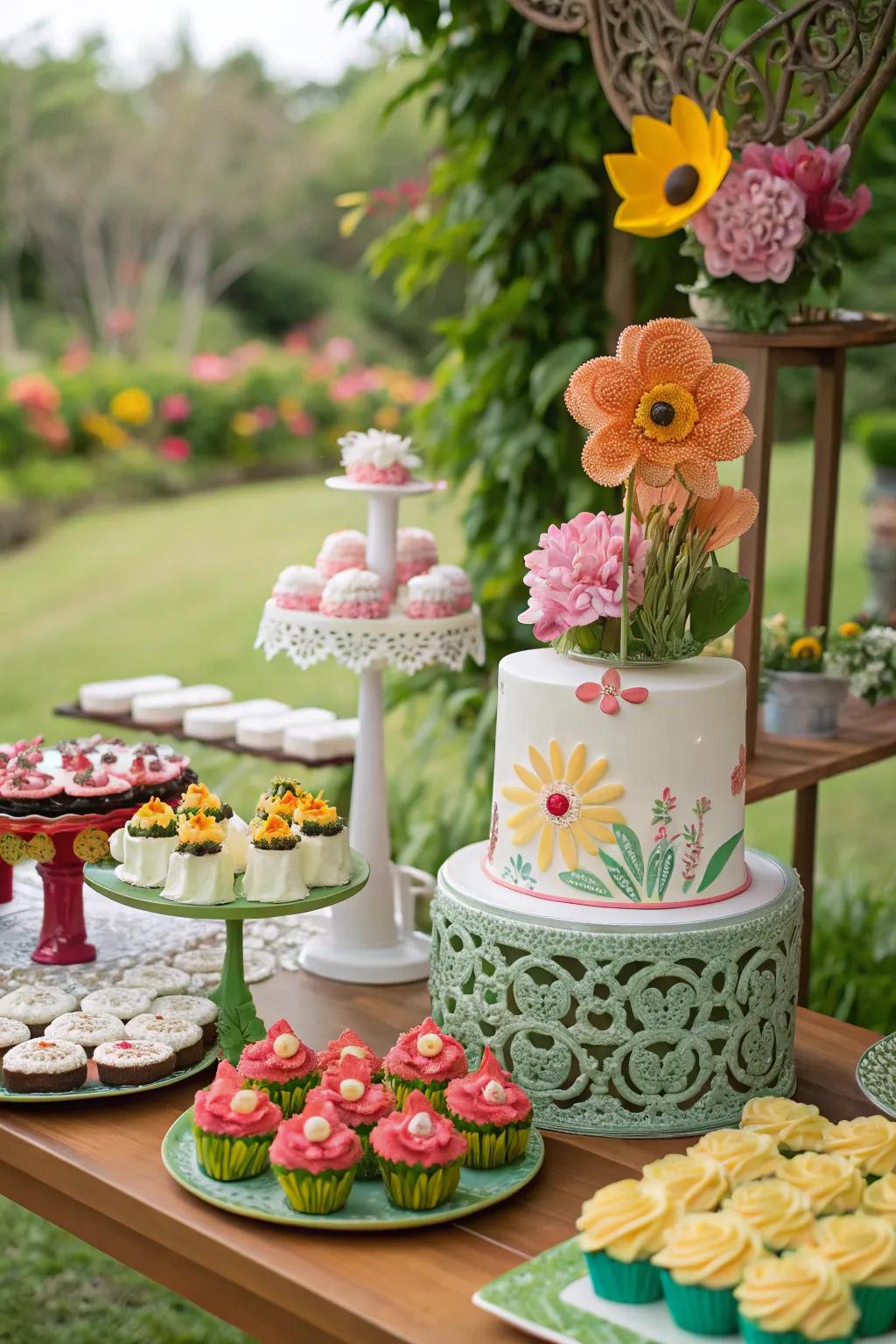 A garden-themed dessert table with floral-inspired treats.