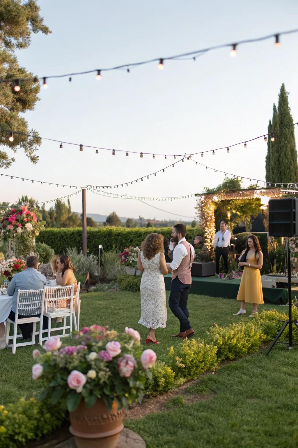 Guests enjoying a nature-inspired music playlist at the garden party.
