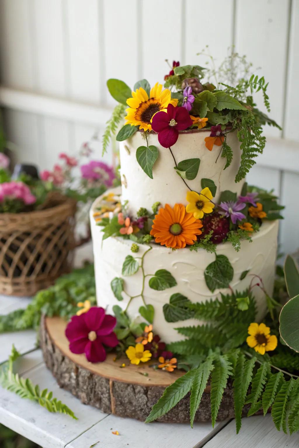 A beautiful garden-themed cake adorned with edible flowers.