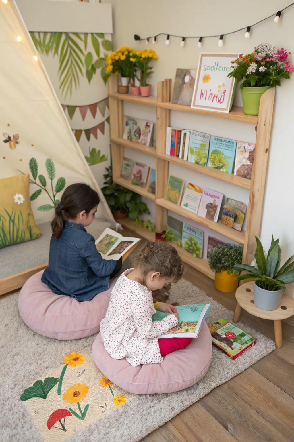 A cozy interactive story corner with garden-themed books for kids.