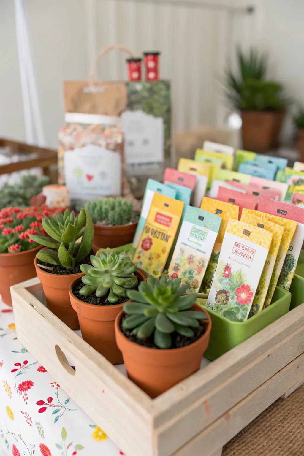 Garden-themed party favors including seed packets and tiny succulents.