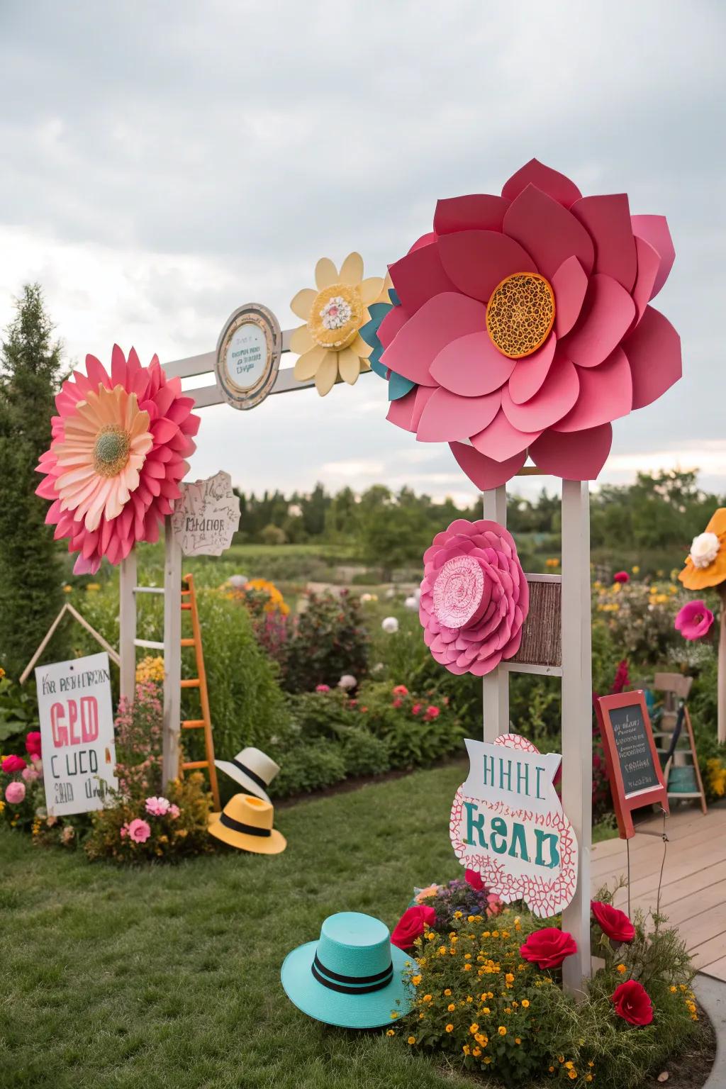 A whimsical garden photo booth with oversized flowers and props.