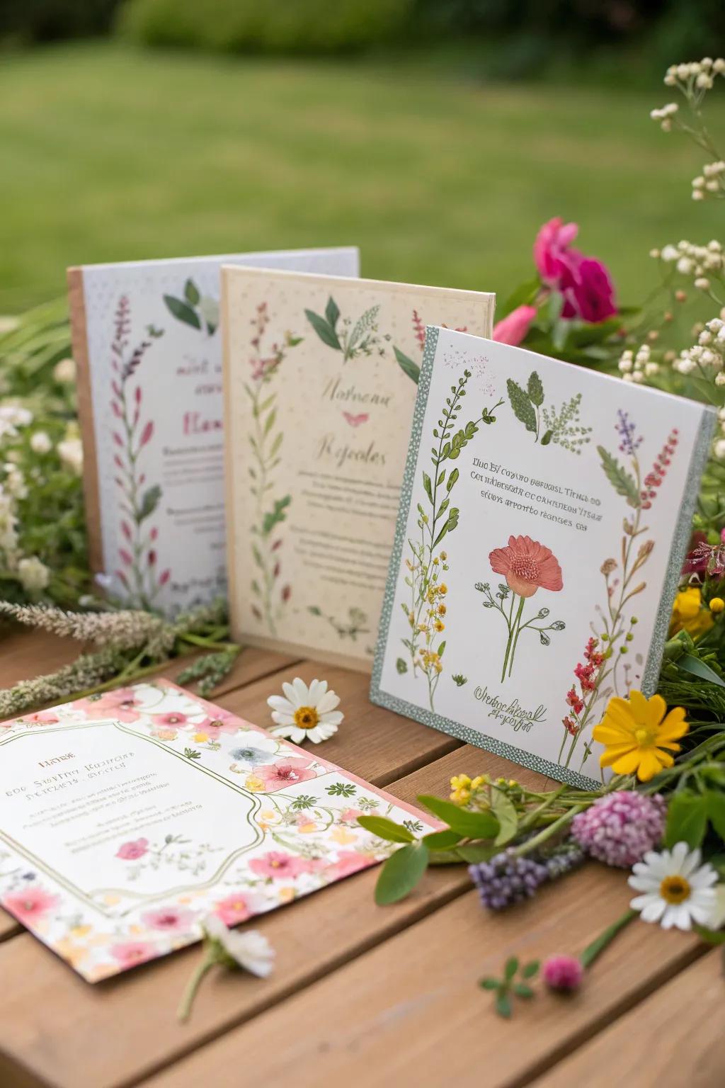 Garden-themed invitations featuring floral designs and pressed flowers.