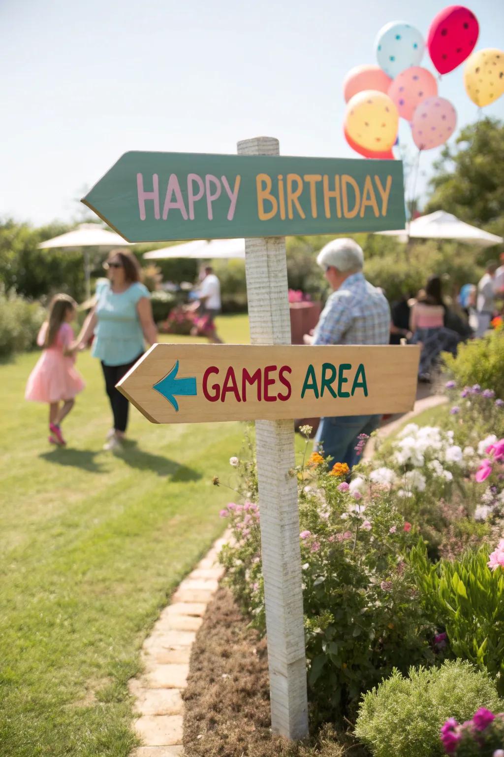 Garden-themed signage guiding guests at the party.