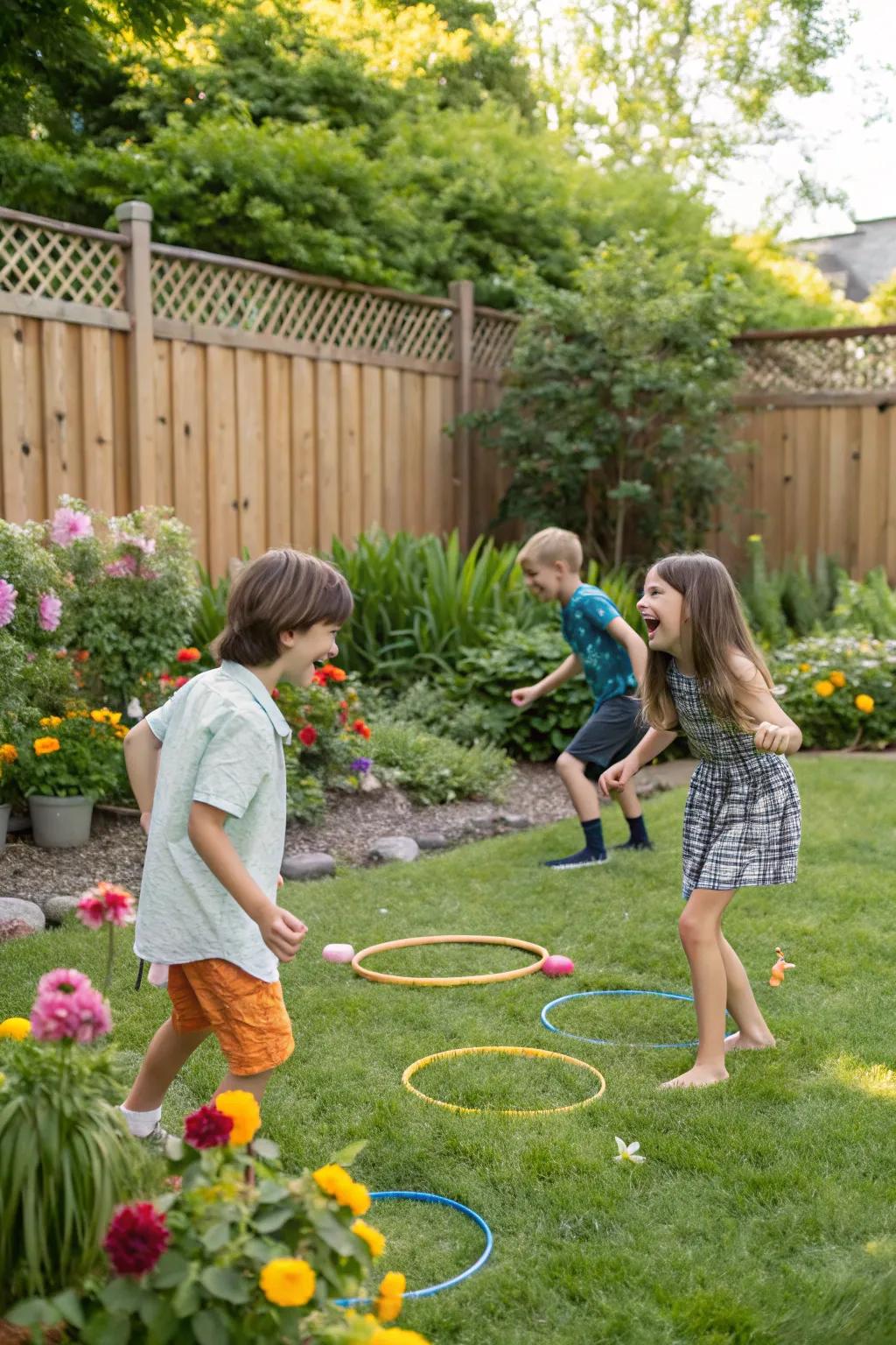 Children enjoying garden-themed games at the party.