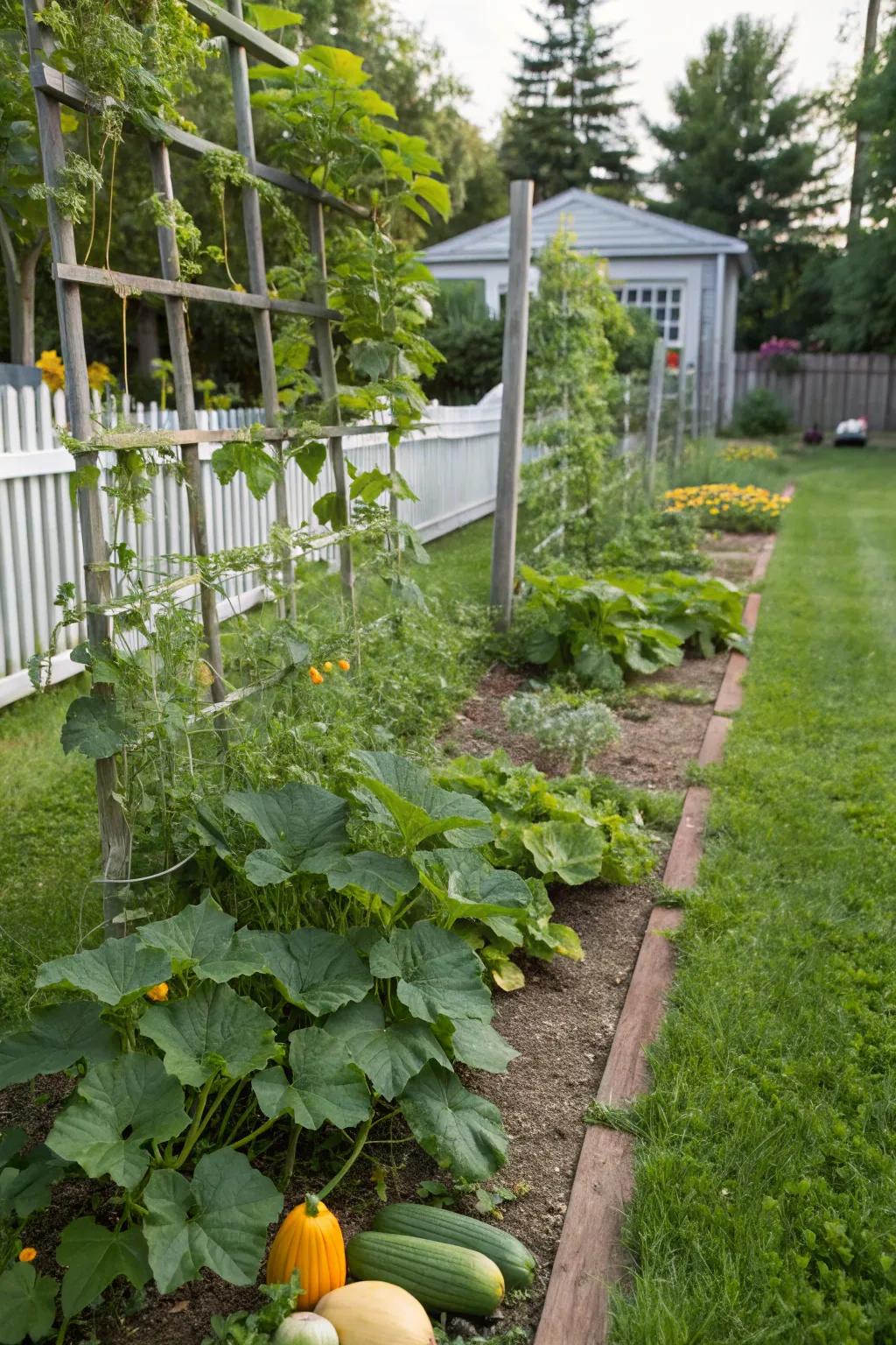 Seasonal crops like spring peas and summer squash keep the garden fresh year-round.