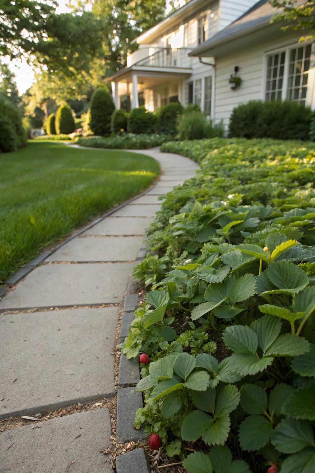 Strawberries as ground cover along pathways, offering charm and snacks.
