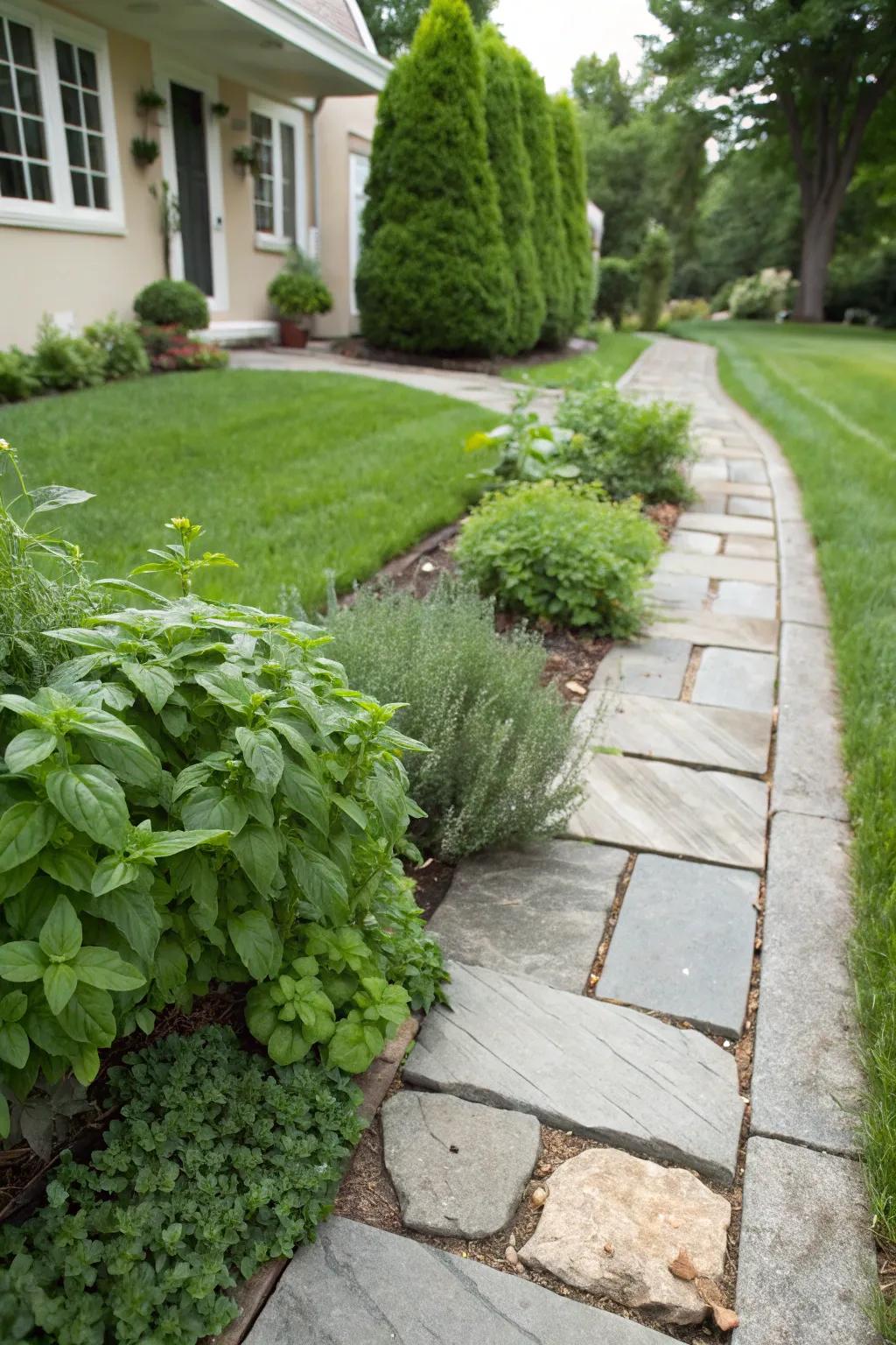 Basil and mint line the walkway, adding fragrance and flavor to the garden.