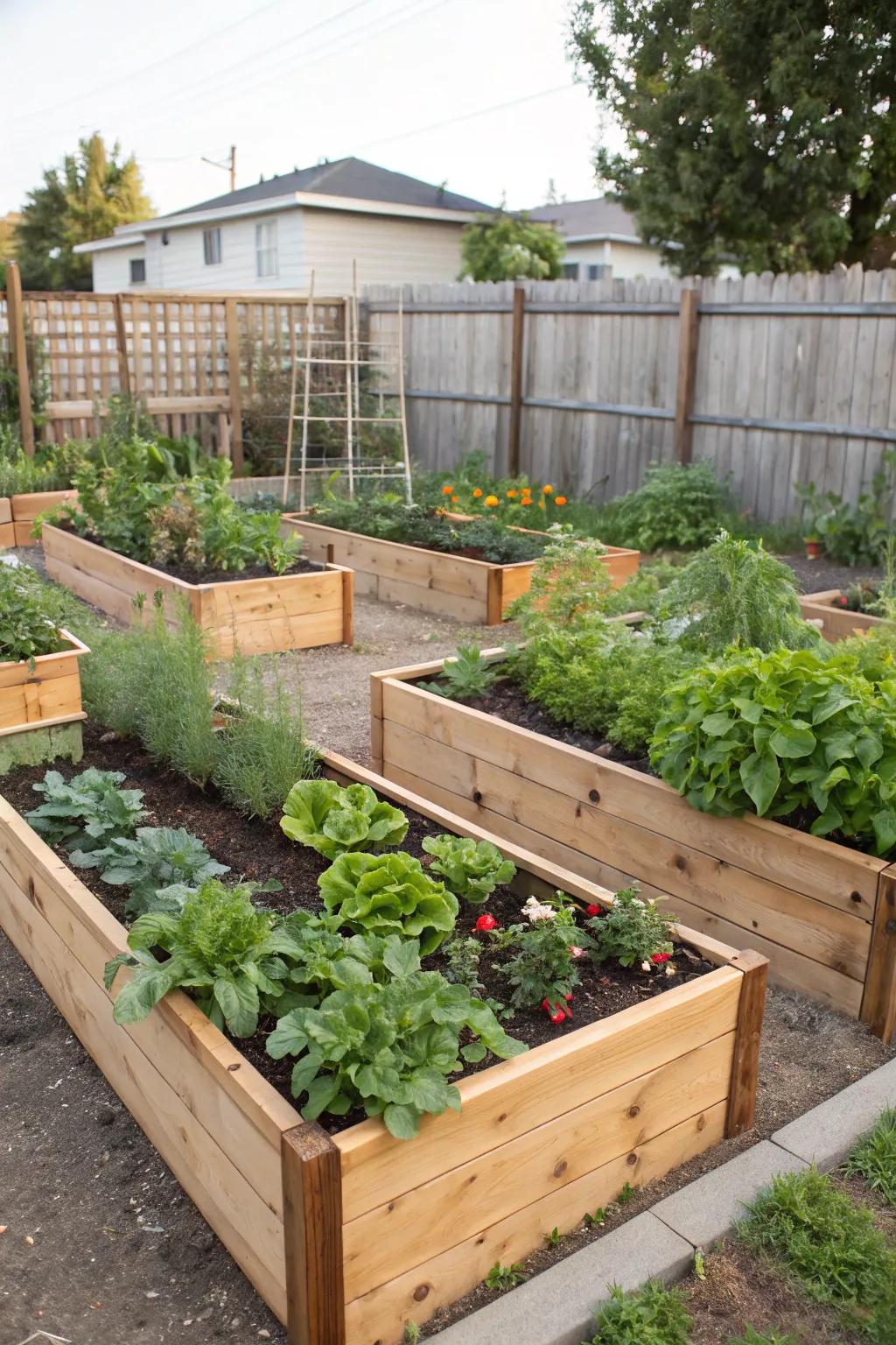 Raised garden beds filled with fresh veggies and herbs bring order and beauty to the front yard.