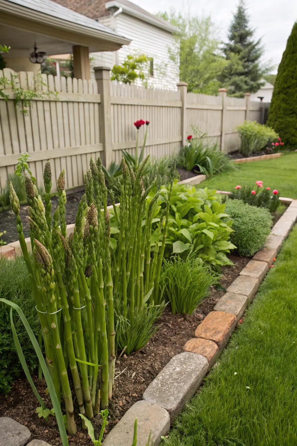 A perennial asparagus patch offers food and decorative foliage in the garden.