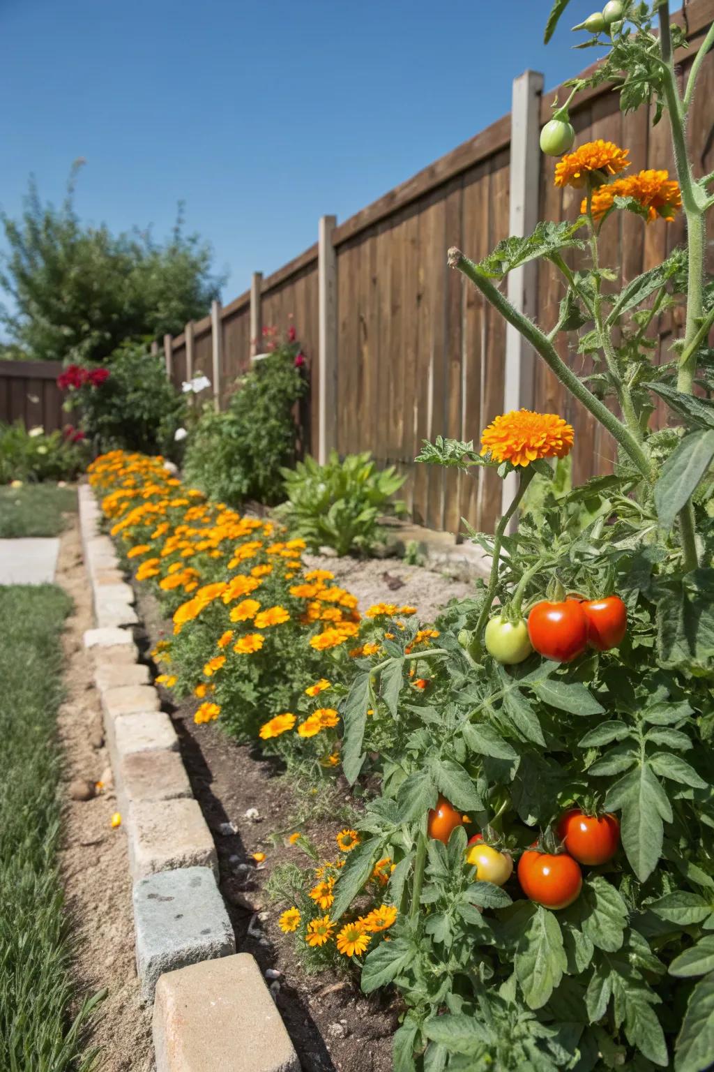 Tomatoes and marigolds thrive together, showcasing effective companion planting.
