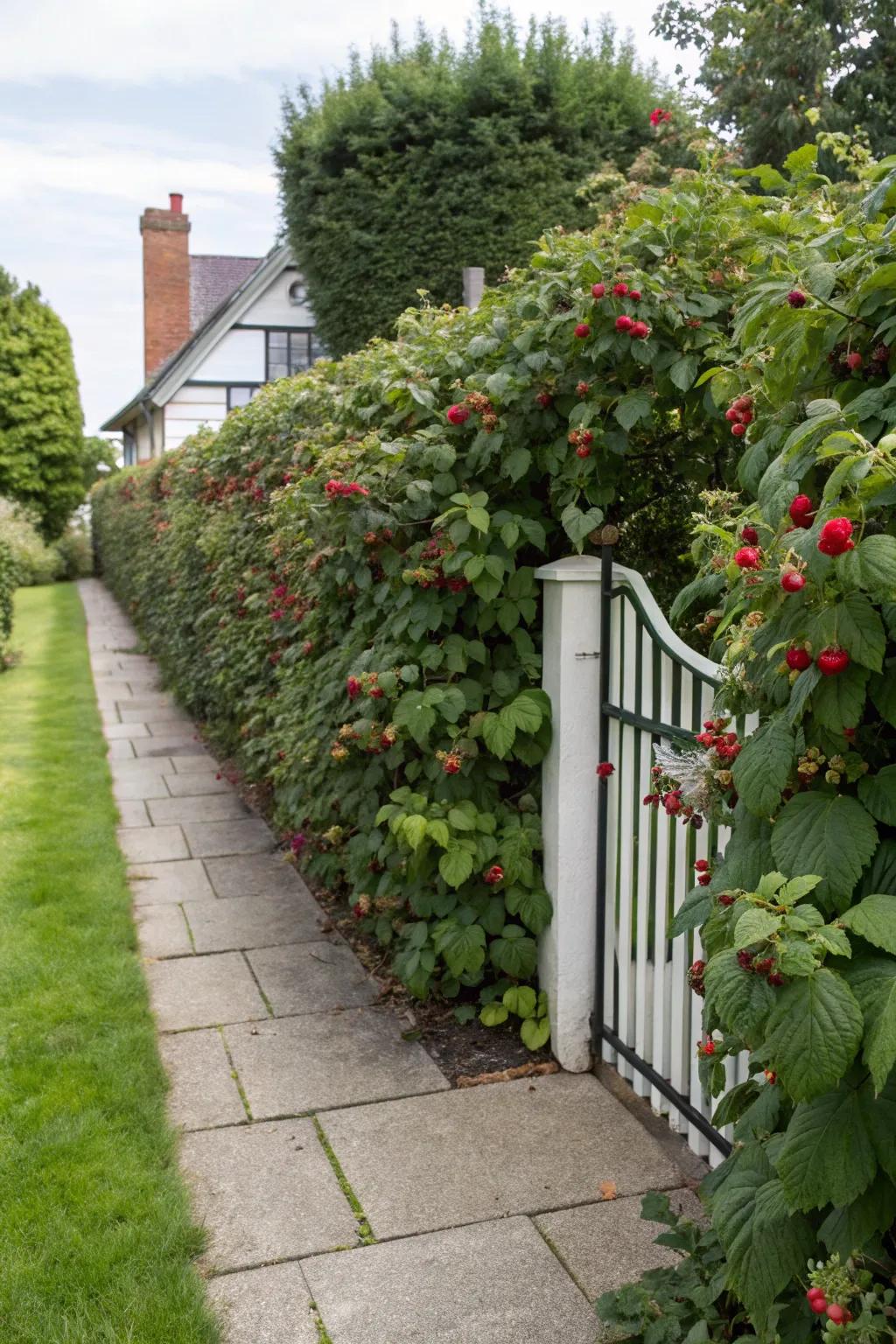 A raspberry hedge defines the garden space and offers a sweet harvest.