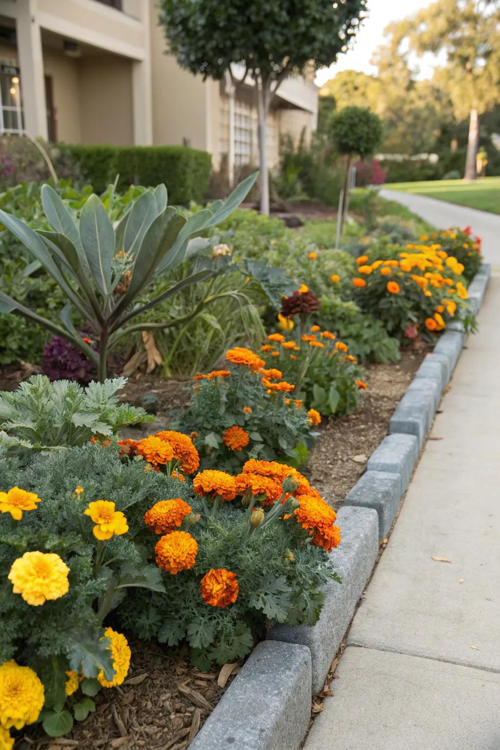 Borders alive with marigolds and kale, combining color and edibility.