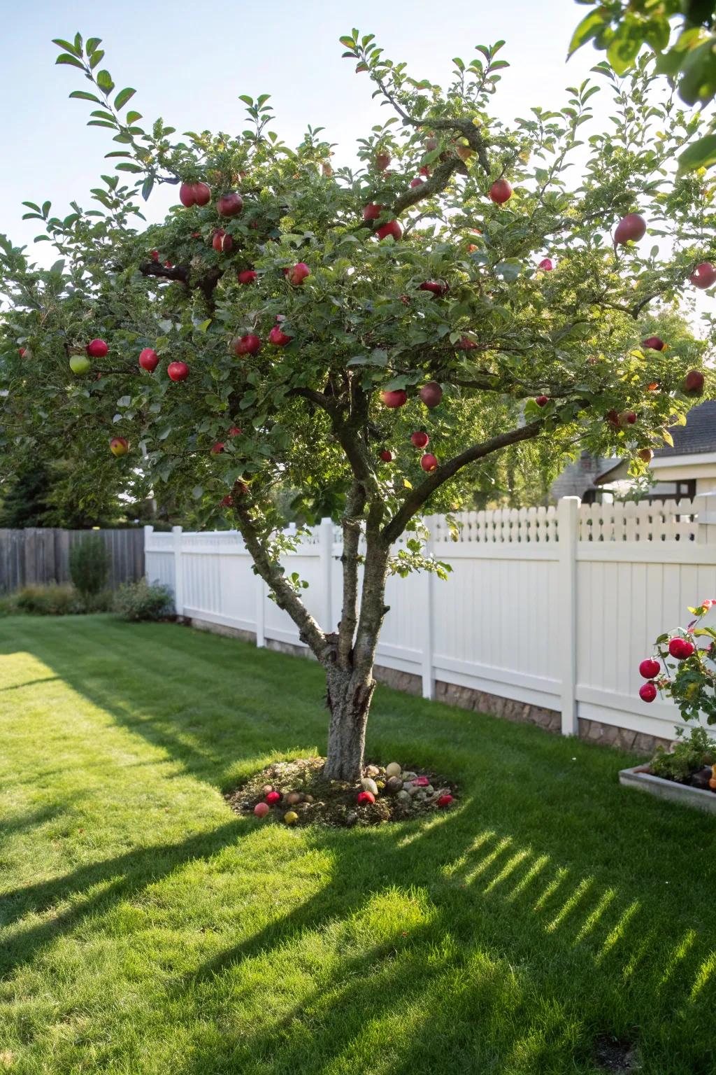 A dwarf apple tree stands as a focal point, providing shade and fresh fruit.