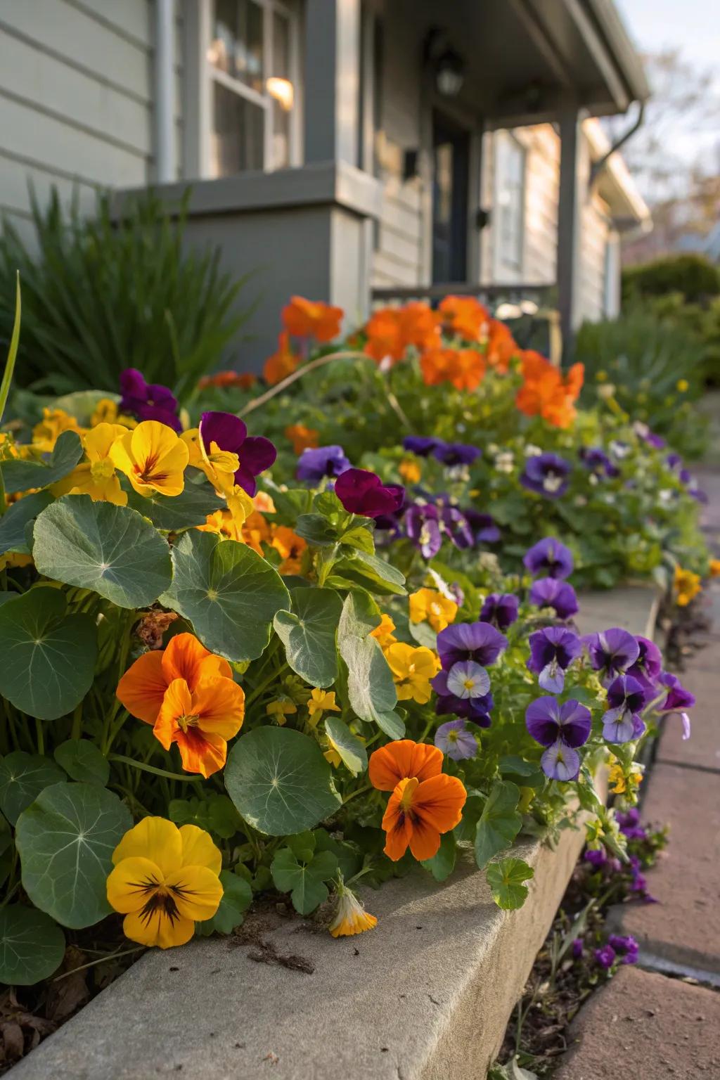 Nasturtiums and violets add color and flavor to the flower bed.