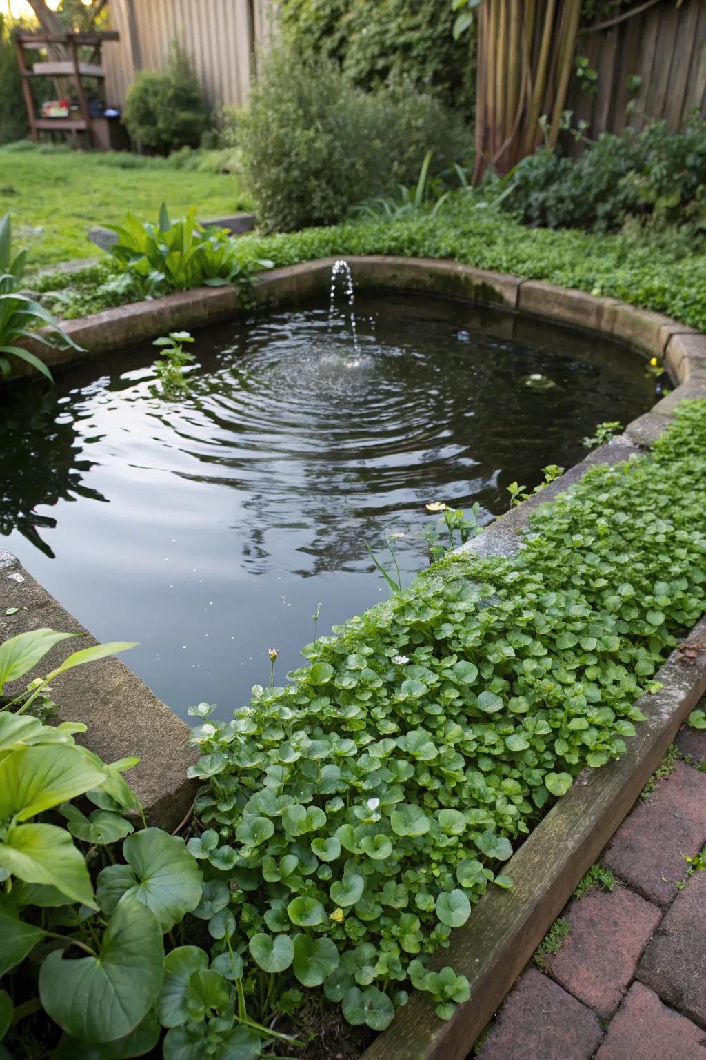 A pond surrounded by watercress adds tranquility and flavor to the garden.