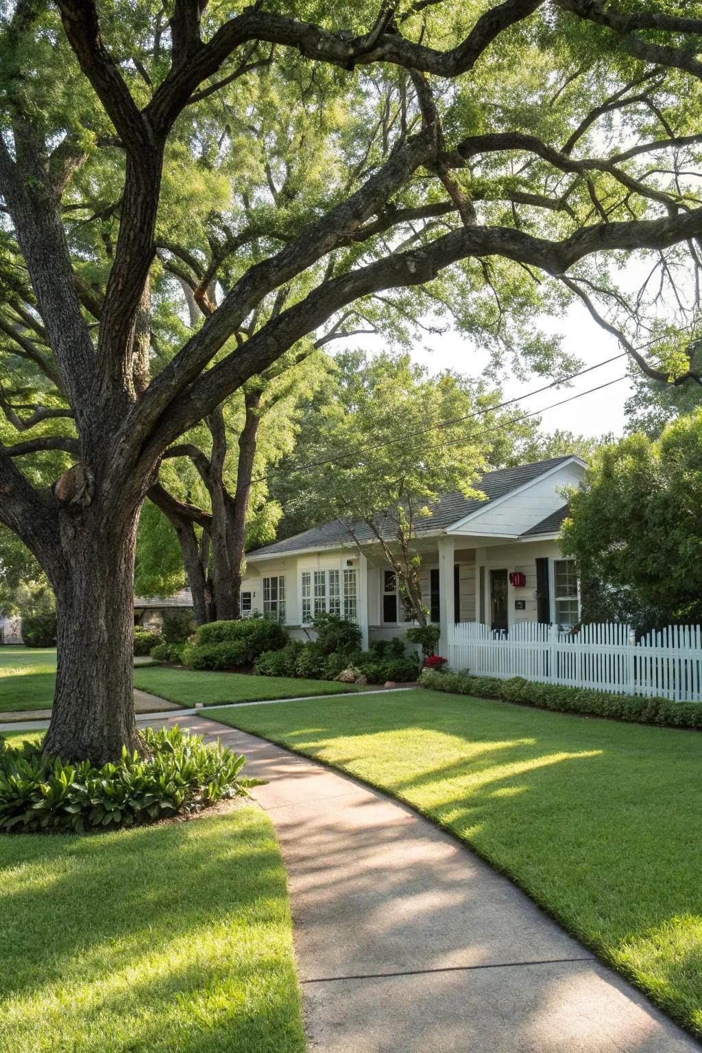 A mature pecan tree anchors the garden with shade and structure.