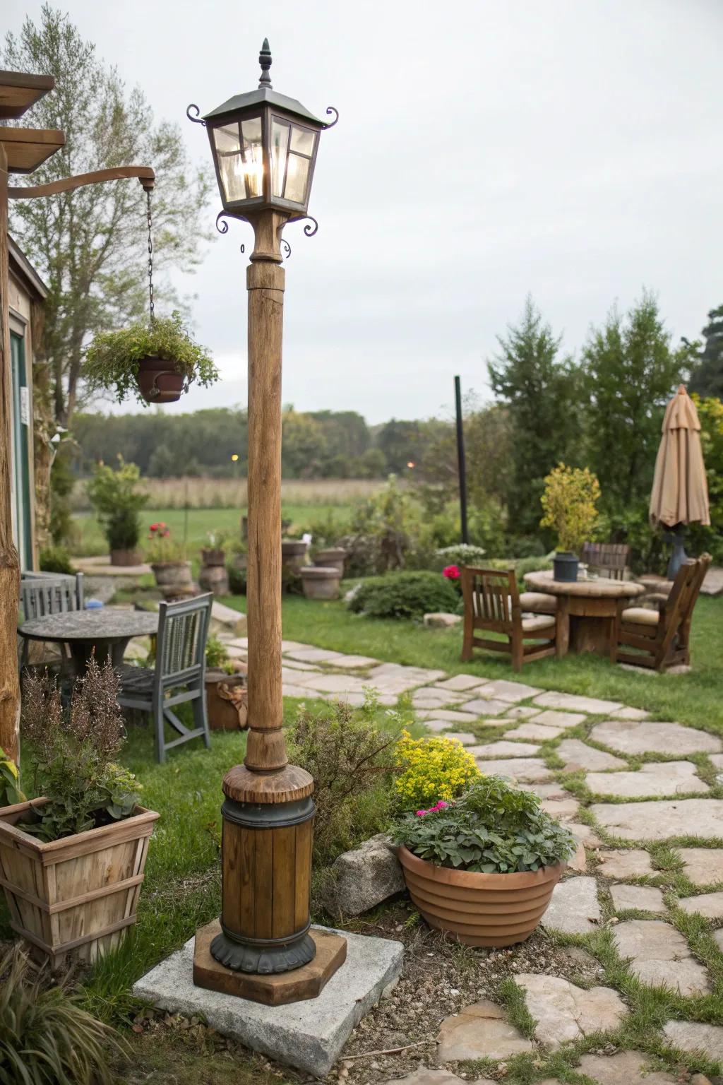 A wooden base brings rustic charm and warmth to your outdoor decor.