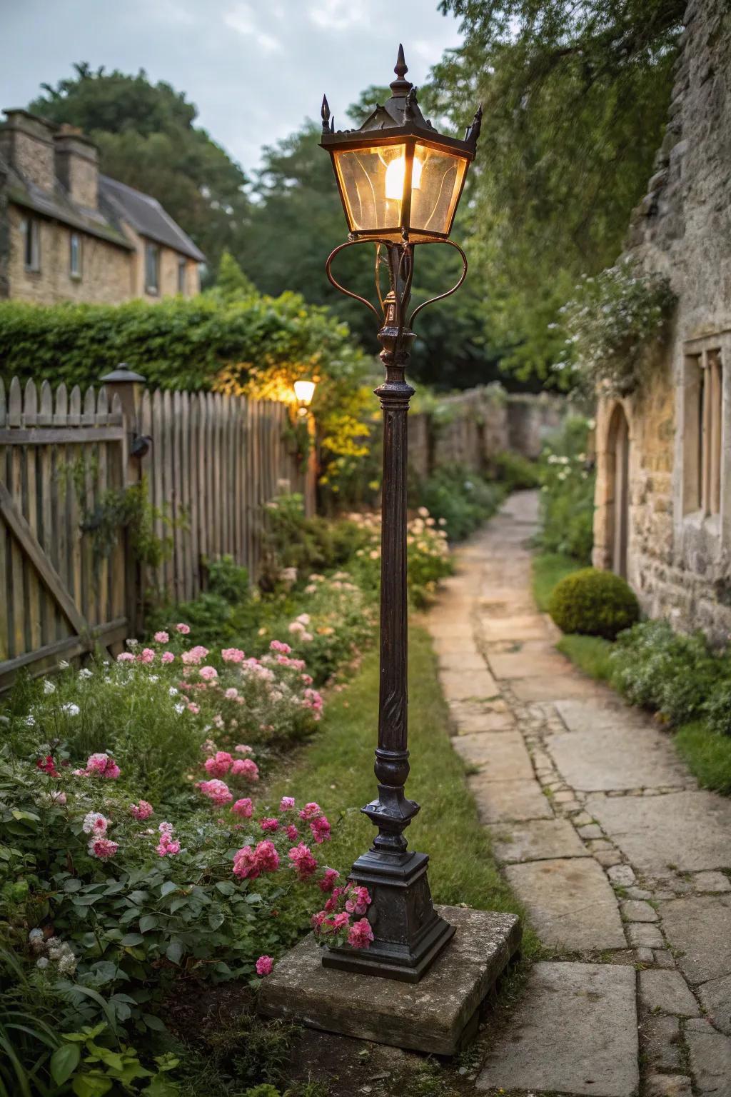 A vintage lantern base brings a touch of nostalgia to your garden.